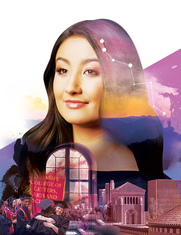 Portrait of USC Dornsife student overlaid with images of the Dornsife graduation ceremony and images of campus.