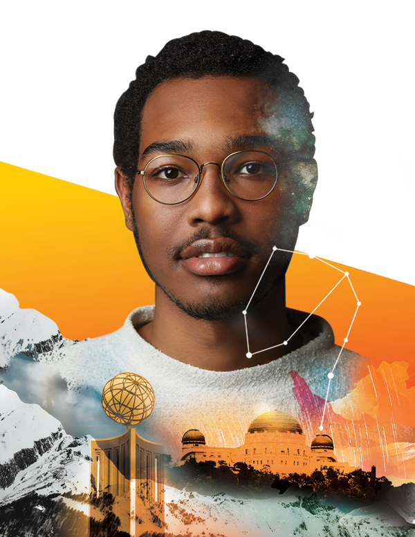 Portrait of USC Dornsife overlaid with images of campus and Los Angeles Landmark, Griffith Park, along with snow-capped mountains.